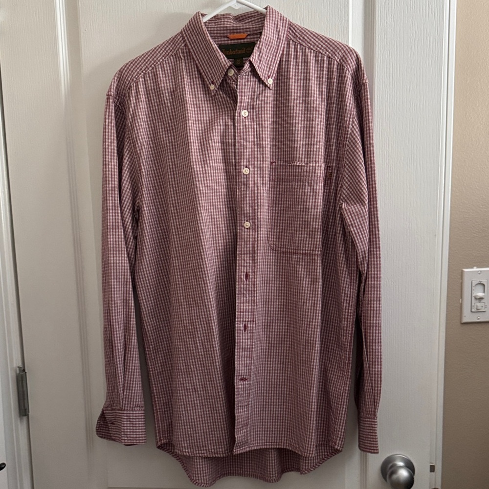 Timberland Men's Burgundy Checkered Button Down Shirt
